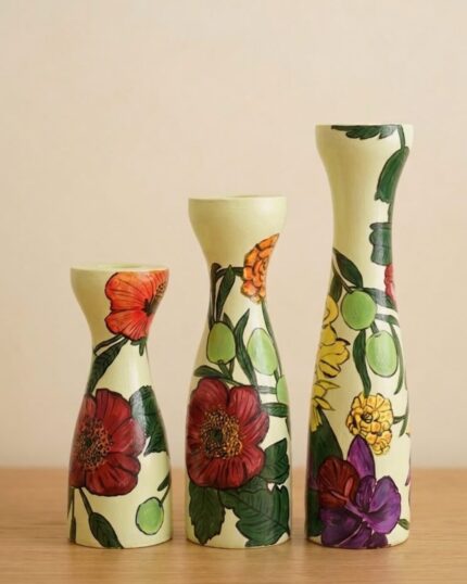 Wildflower and Vine Hand-painted Wooden Candle Holders