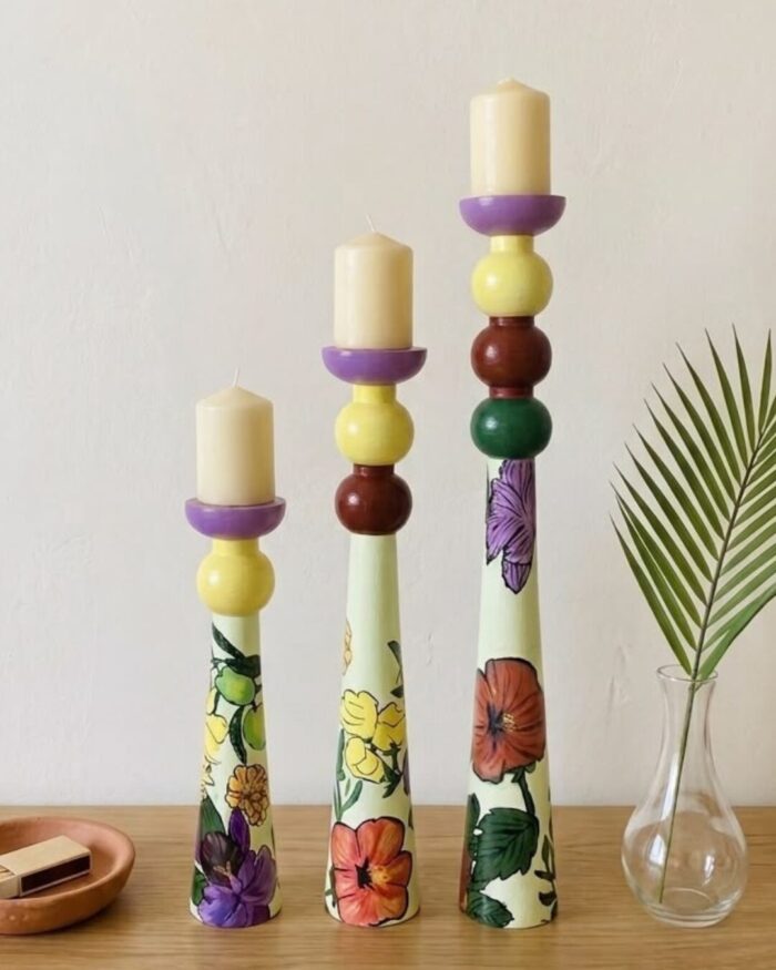 Vibrant Floral Hand-painted Wooden Candle Holder ( Set of 3) - Image 1