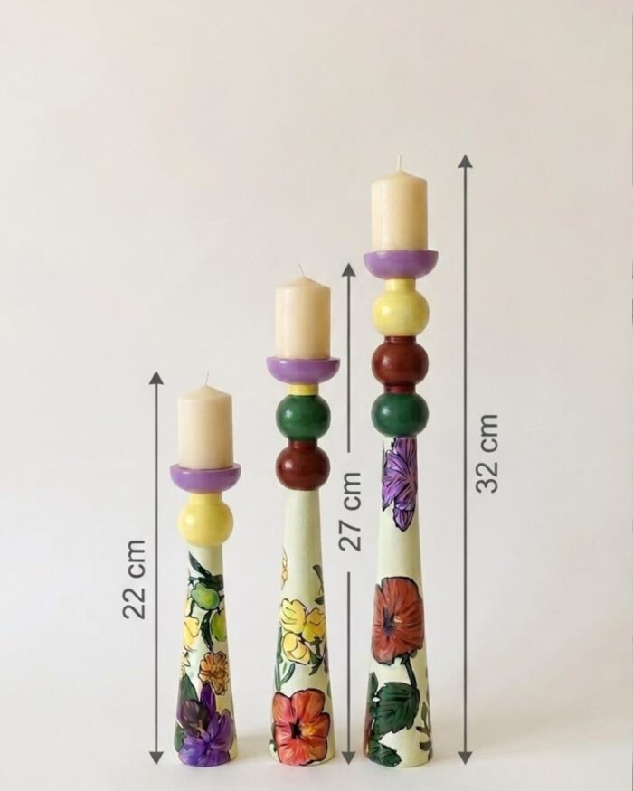 Vibrant Floral Hand-painted Wooden Candle Holder ( Set of 3) - Image 3