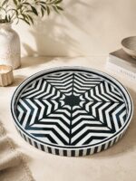 Handmade Mother of Pearl Round Serving Tray | Black & White Decorative Ottoman Tray | Luxury Coffee Table Tray
