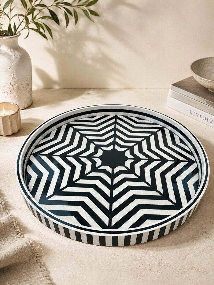 Handmade Mother of Pearl Round Serving Tray | Black & White Decorative Ottoman Tray | Luxury Coffee Table Tray - Image 1
