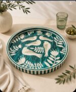 Emerald Songbird Mother-of-Pearl Round Wooden Serving Tray – 45 cm