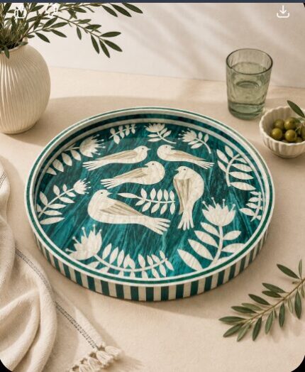 Emerald Songbird Mother-of-Pearl Round Wooden Serving Tray – 45 cm