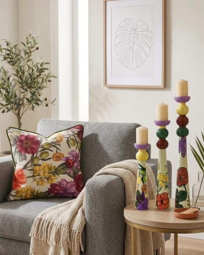 Vibrant Floral Hand-painted Wooden Candle Holder ( Set of 3) - Image 2