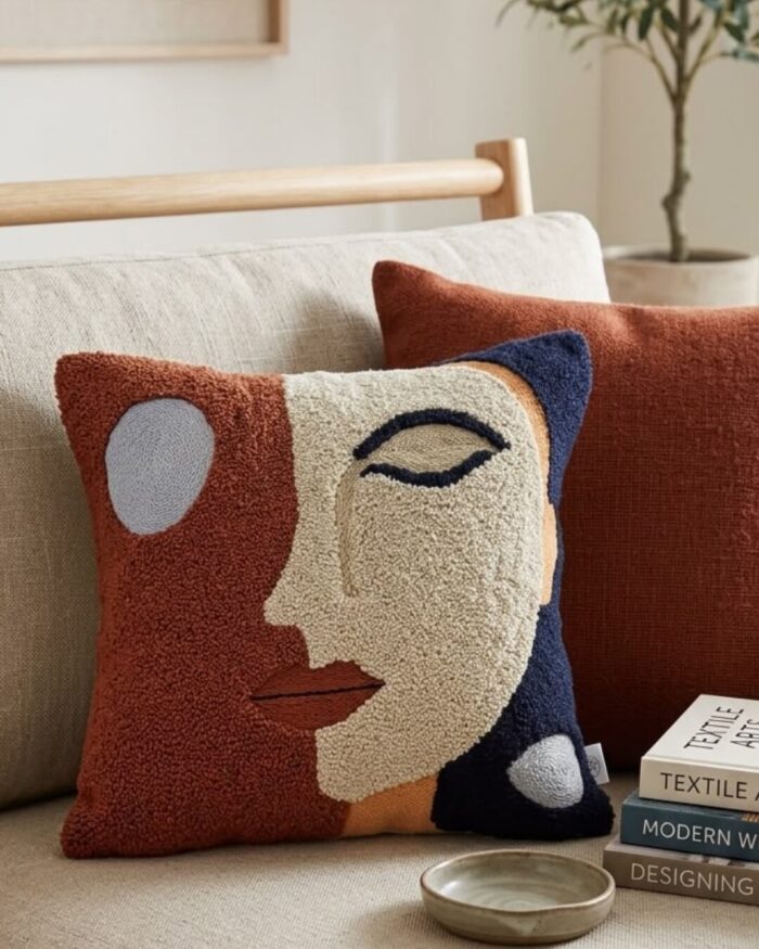 Boho Abstract  Woman Face Punch needle cushion - Image 2