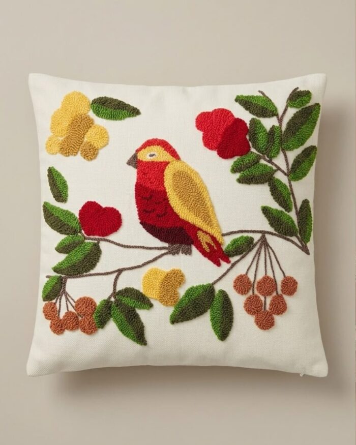 Artisan Embroidered Songbird Cushion with Floral Branches - Image 1