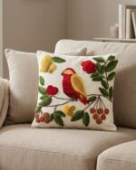 Artisan Embroidered Songbird Cushion with Floral Branches - Image 2