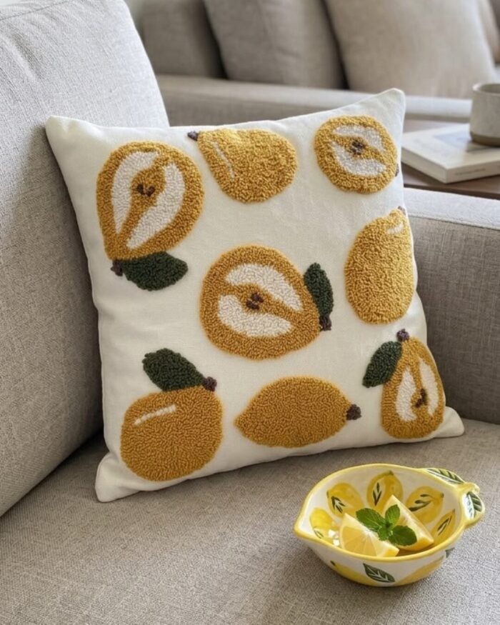 The Sun -Kissed Pear and Citrus Embroidered cushion - Image 2