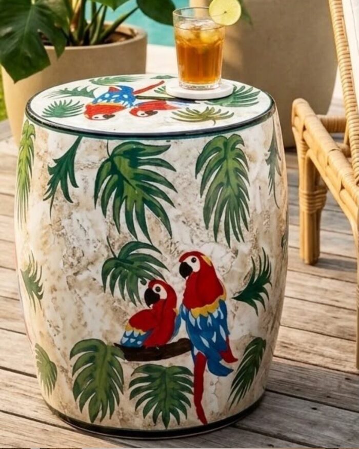 The Macaw Oasis Mother of Pearl Side Table and Pouf - Image 1