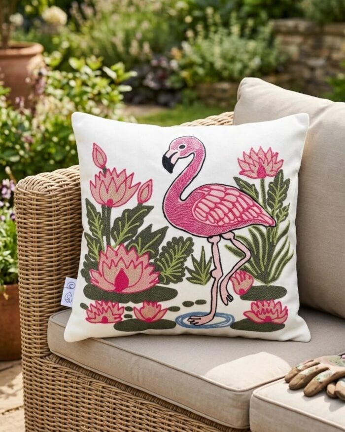 Flamingo Bloom Embroidery Cushion - Image 2