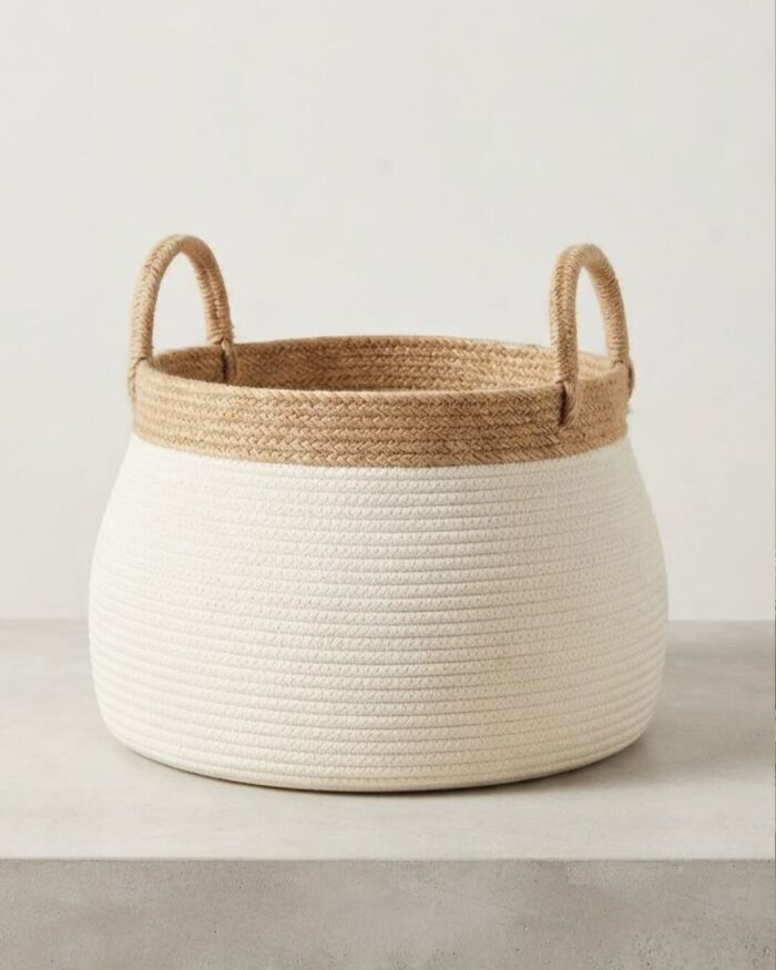 Large Bohemian Woven Cotton and Jute Storage Basket - Image 1
