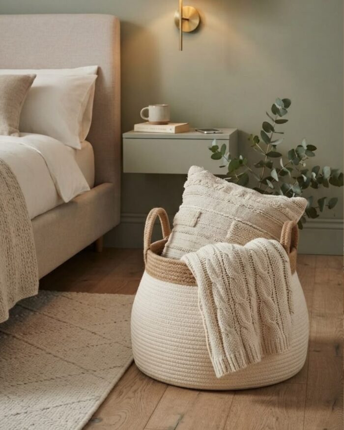 Large Bohemian Woven Cotton and Jute Storage Basket - Image 2