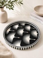 Handmade Mother of Pearl Round Serving Tray with White Crane Design | Luxury Black Decorative Ottoman & Coffee Table Tray
