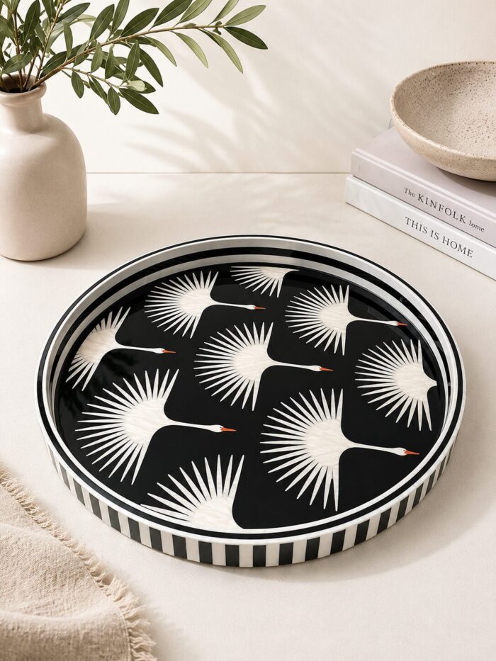 Handmade Mother of Pearl Round Serving Tray with White Crane Design | Luxury Black Decorative Ottoman & Coffee Table Tray - Image 1