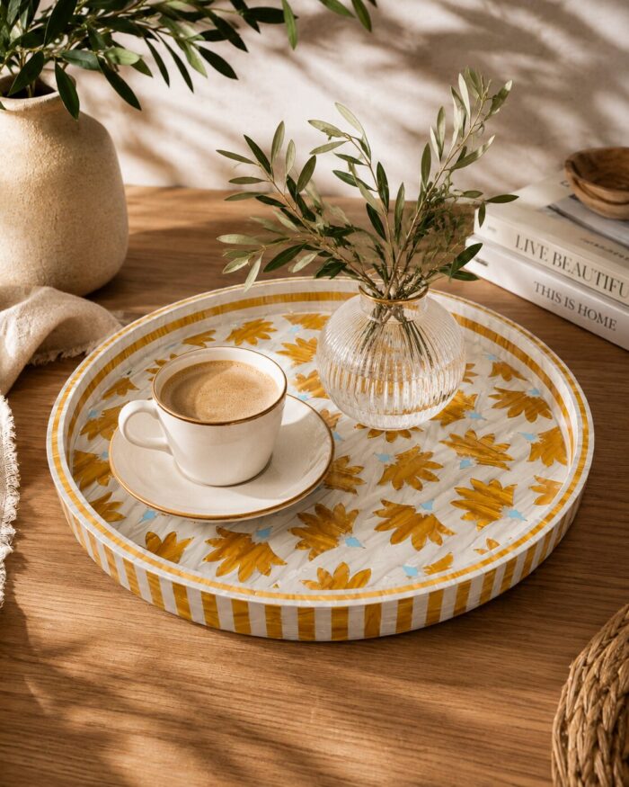 Handcrafted Floral Round Decorative Serving Tray – White & Gold Accent Tray - Image 2