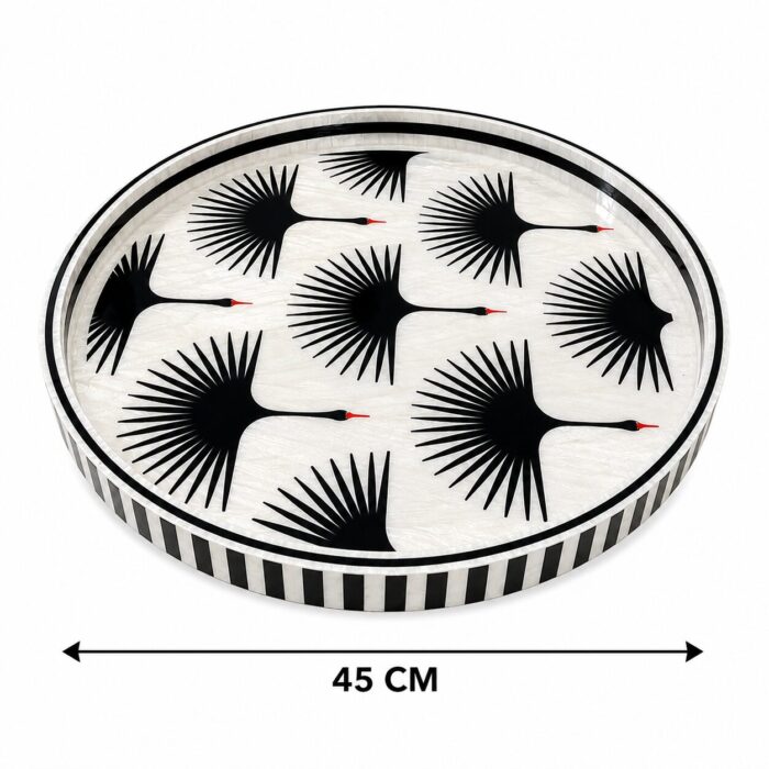 Handmade Mother of Pearl Round Tray with Black Crane Design | Luxury Decorative Serving & Ottoman Tray - Image 2