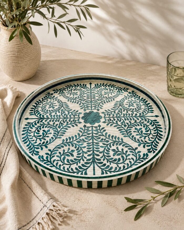 Emerald Heritage Floral Inlay Wooden Tray|45 CM - Image 1