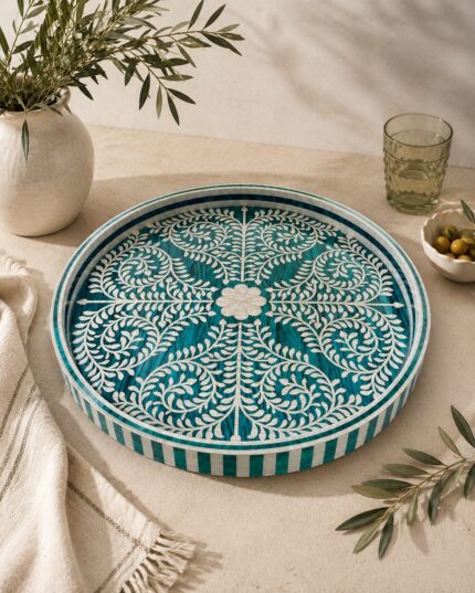 Arabesque Mother-of-Pearl Round Wooden Tray – 45 cm