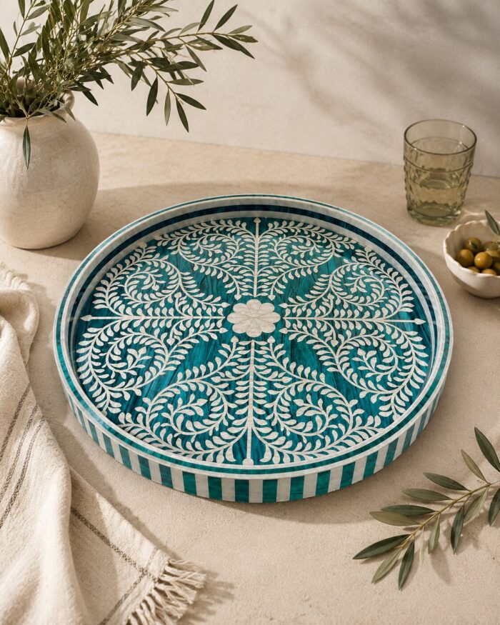 Arabesque Mother-of-Pearl Round Wooden Tray – 45 cm - Image 1
