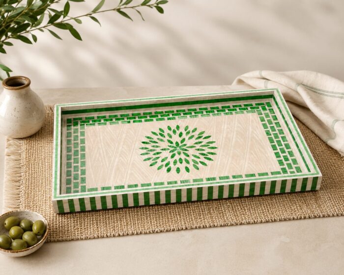 Handcrafted Green Mother of Pearl Serving Tray – Luxury Decorative Rectangular Wooden Tray for Coffee Table & Home Décor - Image 1