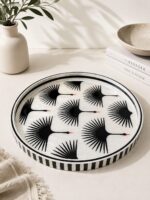 Handmade Mother of Pearl Round Tray with Black Crane Design | Luxury Decorative Serving & Ottoman Tray