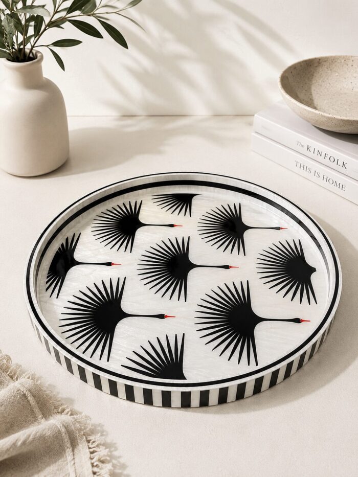 Handmade Mother of Pearl Round Tray with Black Crane Design | Luxury Decorative Serving & Ottoman Tray - Image 1
