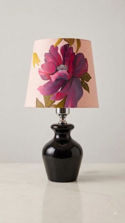 Hand-Painted Floral Table Lamp with Glossy Wooden Base