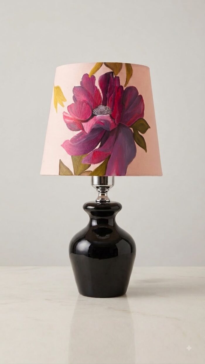 Hand-Painted Floral Table Lamp with Glossy Wooden Base - Image 1