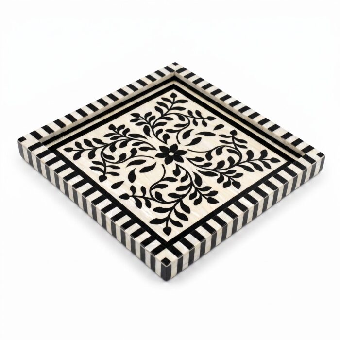 Handcrafted Black & White Mother of Pearl Inlay Wooden Decorative Tray – 33 cm - Image 2
