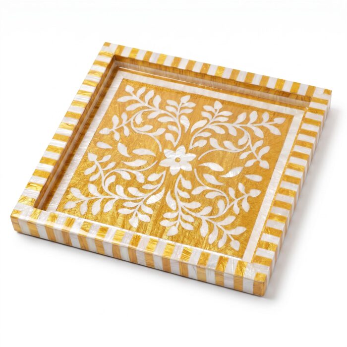 Handcrafted Gold & White Mother of Pearl Inlay Wooden Decorative Tray – 33 cm - Image 2