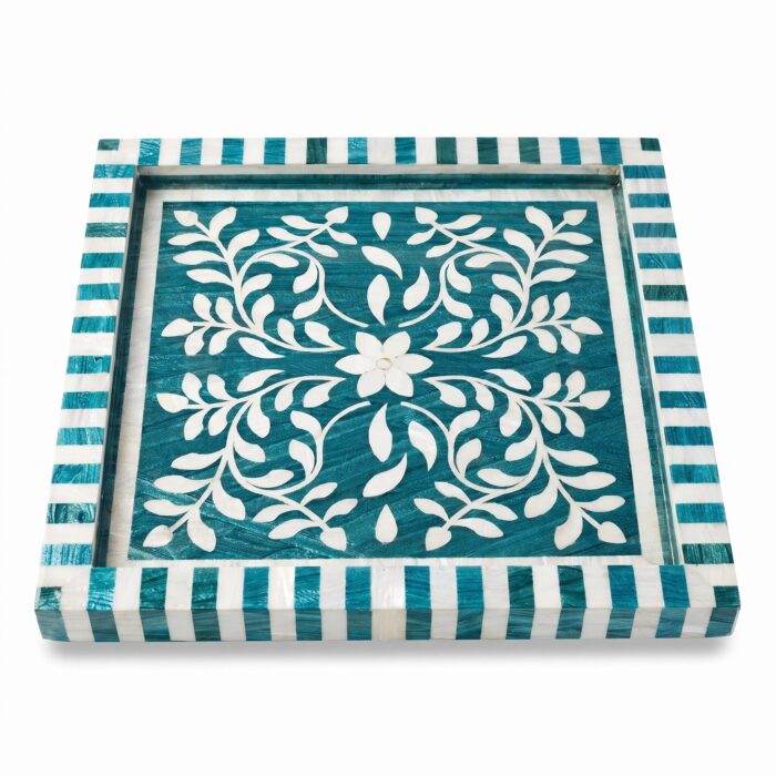 Turquoise Botanica Mother of Pearl Wooden Tray – 33 cm - Image 1
