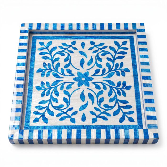 Handcrafted Blue & White Mother of Pearl Inlay Wooden Decorative Tray – 33 cm - Image 2