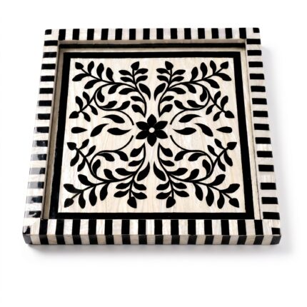Handcrafted Black & White Mother of Pearl Inlay Wooden Decorative Tray – 33 cm