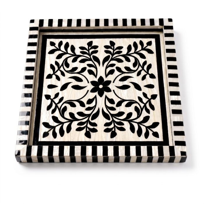 Handcrafted Black & White Mother of Pearl Inlay Wooden Decorative Tray – 33 cm - Image 1