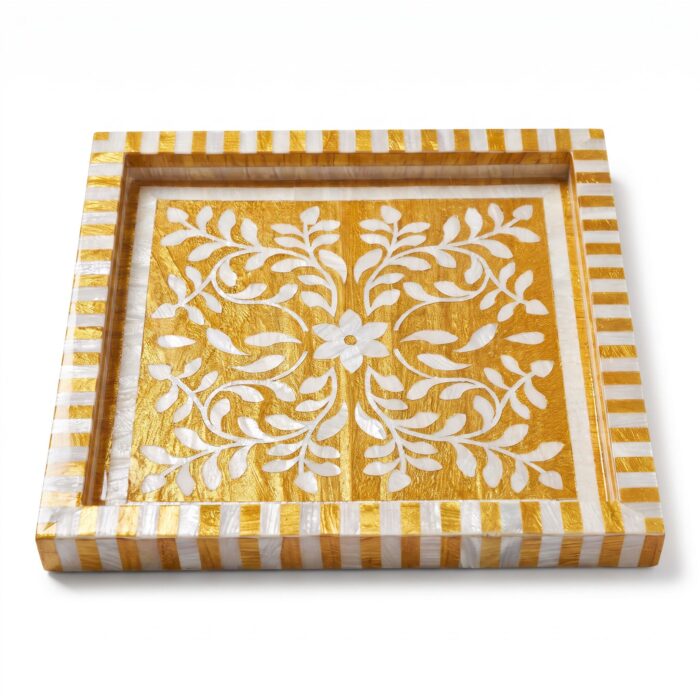 Handcrafted Gold & White Mother of Pearl Inlay Wooden Decorative Tray – 33 cm - Image 1