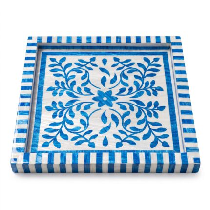 Handcrafted Blue & White Mother of Pearl Inlay Wooden Decorative Tray – 33 cm