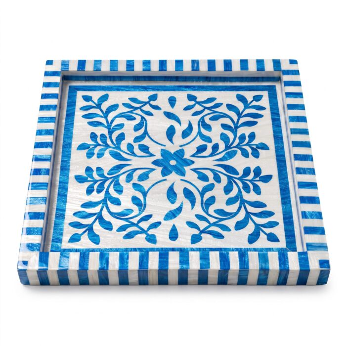 Handcrafted Blue & White Mother of Pearl Inlay Wooden Decorative Tray – 33 cm - Image 1