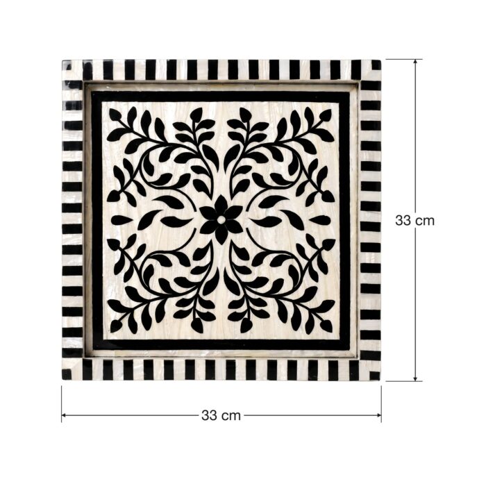 Handcrafted Black & White Mother of Pearl Inlay Wooden Decorative Tray – 33 cm - Image 4