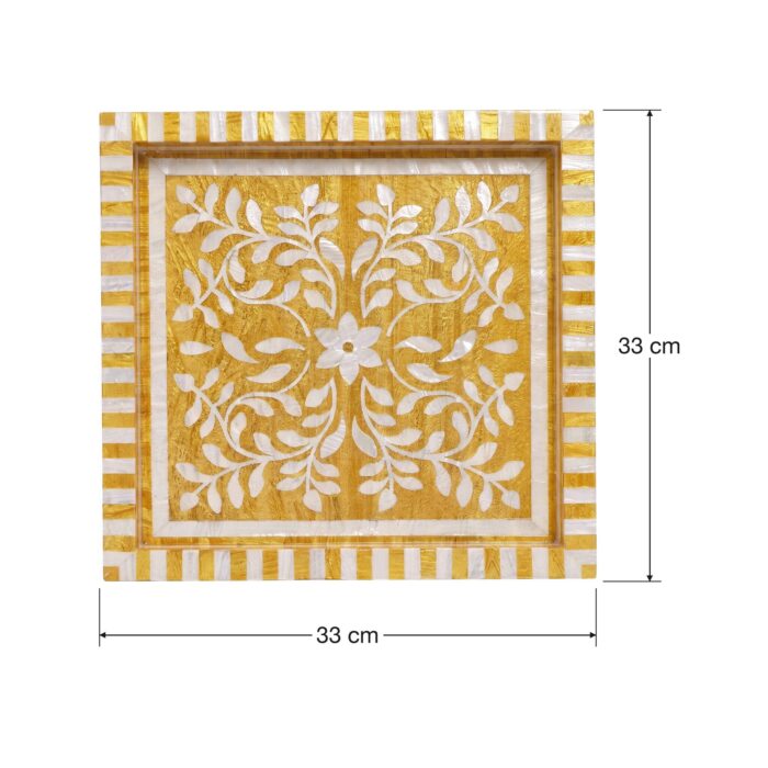Handcrafted Gold & White Mother of Pearl Inlay Wooden Decorative Tray – 33 cm - Image 4