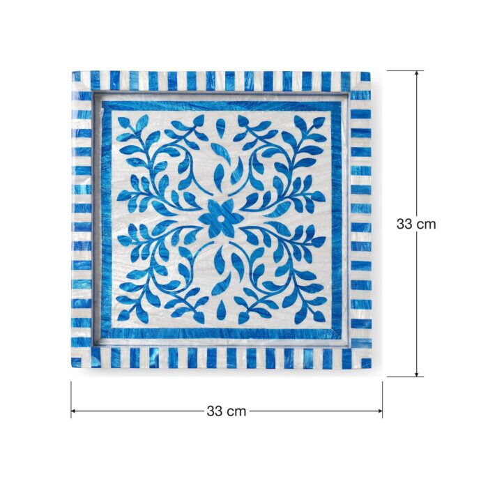 Handcrafted Blue & White Mother of Pearl Inlay Wooden Decorative Tray – 33 cm - Image 4