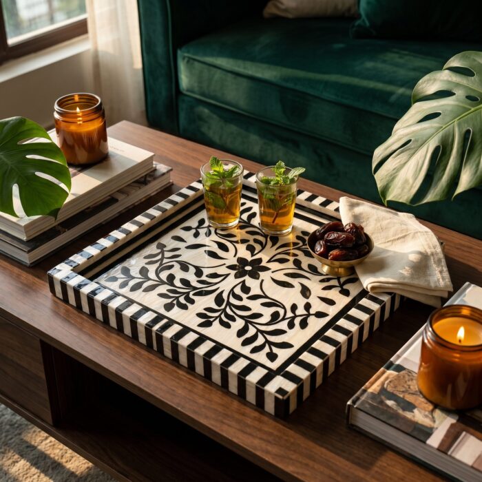 Handcrafted Black & White Mother of Pearl Inlay Wooden Decorative Tray – 33 cm - Image 5