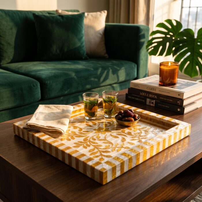 Golden Botanica Mother of Pearl Wooden Tray – 33 cm - Image 5