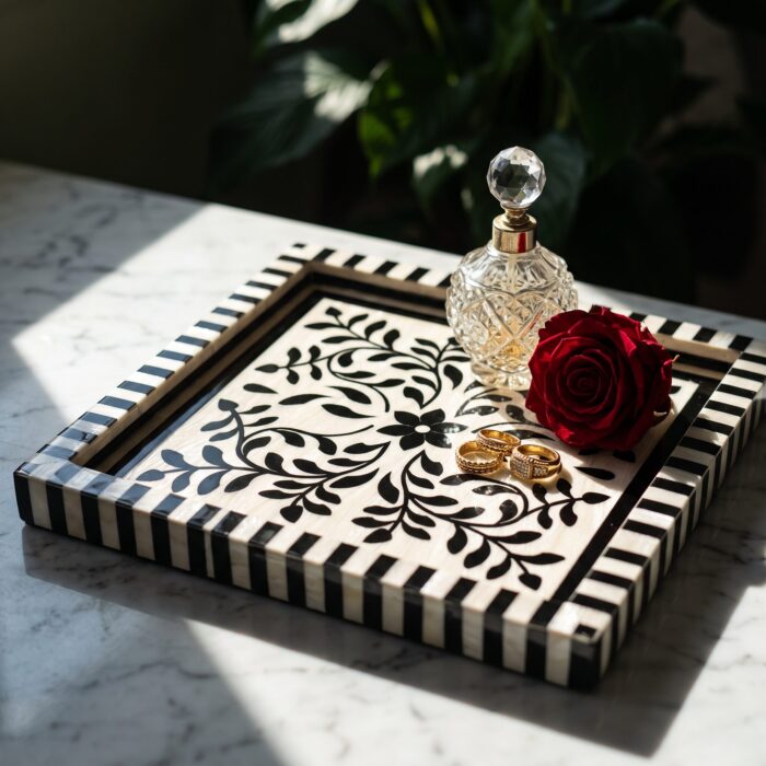 Handcrafted Black & White Mother of Pearl Inlay Wooden Decorative Tray – 33 cm - Image 7