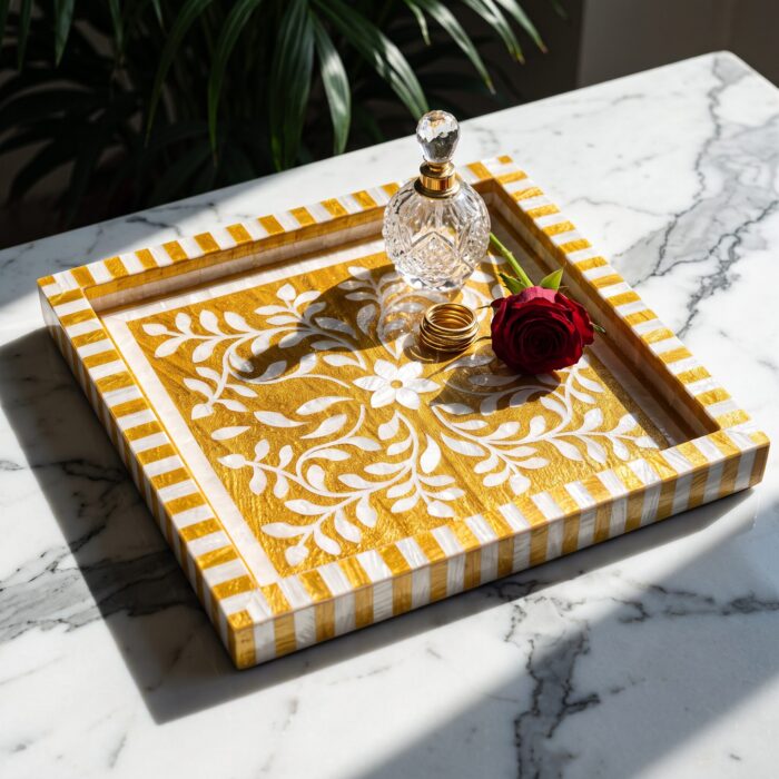 Handcrafted Gold & White Mother of Pearl Inlay Wooden Decorative Tray – 33 cm - Image 7