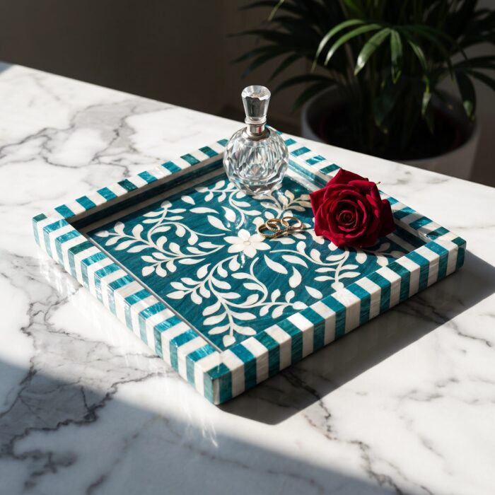 Turquoise Botanica Mother of Pearl Wooden Tray – 33 cm - Image 7