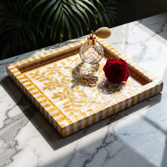 Golden Botanica Mother of Pearl Wooden Tray – 33 cm - Image 7