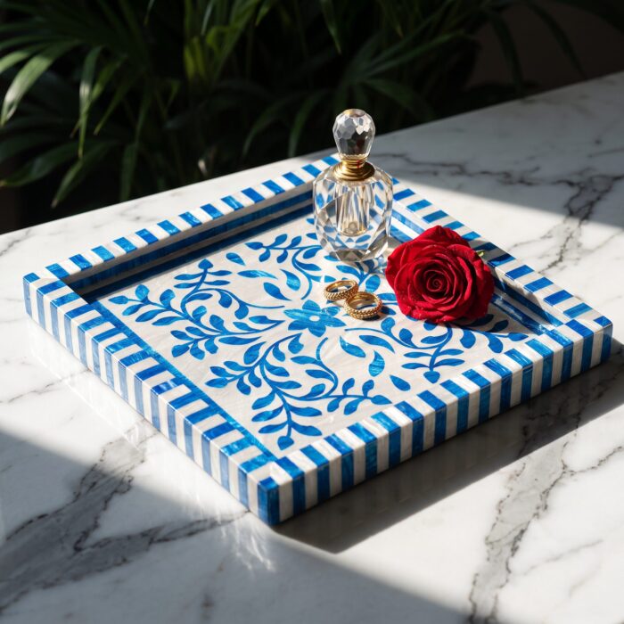 Handcrafted Blue & White Mother of Pearl Inlay Wooden Decorative Tray – 33 cm - Image 7