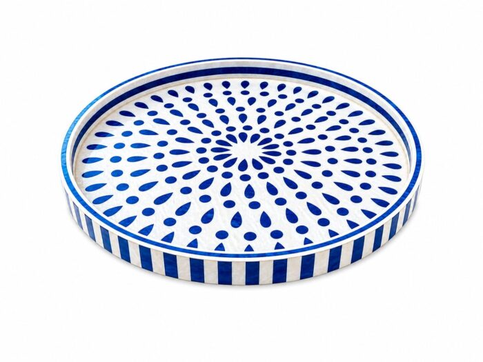 Handcrafted Blue and White Decorative Serving Tray – 45cm Round Moroccan-Inspired Patterned Tray - Image 2