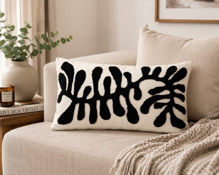 Handmade Black & Cream Botanical Tufted Lumbar Cushion – 60 × 30 cm - Image 5