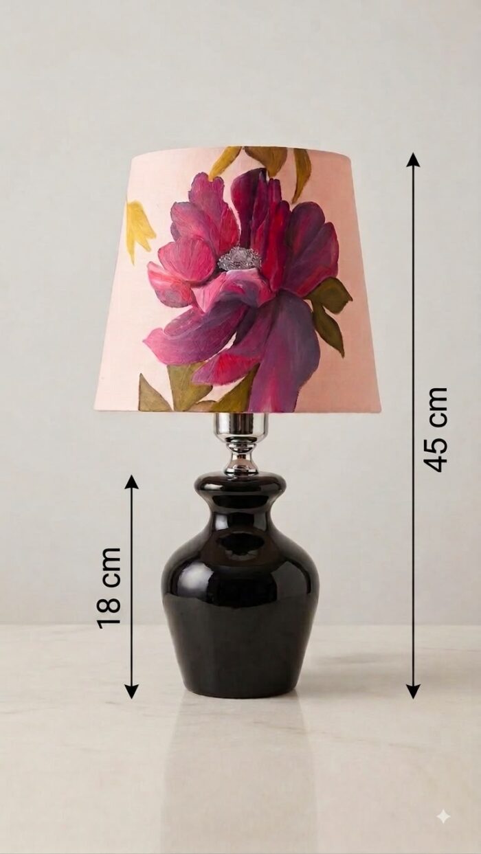 Hand-Painted Floral Table Lamp with Glossy Wooden Base - Image 2